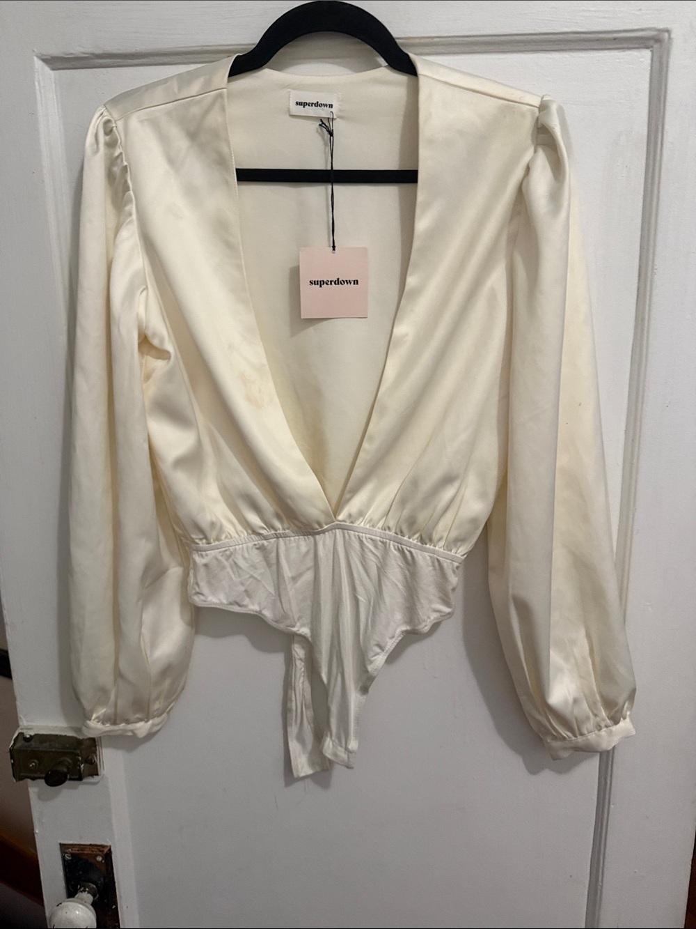 superdown Ivory Satin Plunge Bodysuit with Puff Sleeves